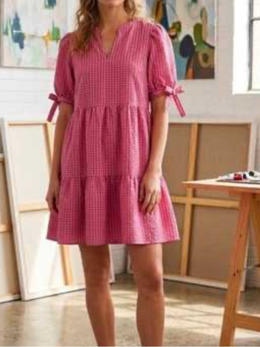 Kate & Sam Pink Seersucker Gingham Tiered Babydoll Dress Sleeve Ties Size XXL